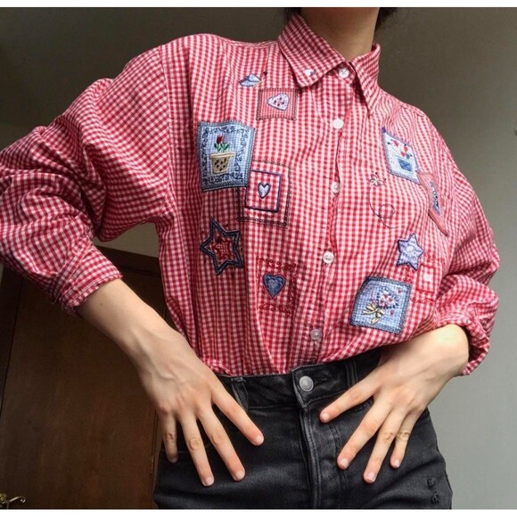 VTG Quizz Again Embroidered Shirt Sz. Small Country Apple Picking Check Plaid - Picture 1 of 15